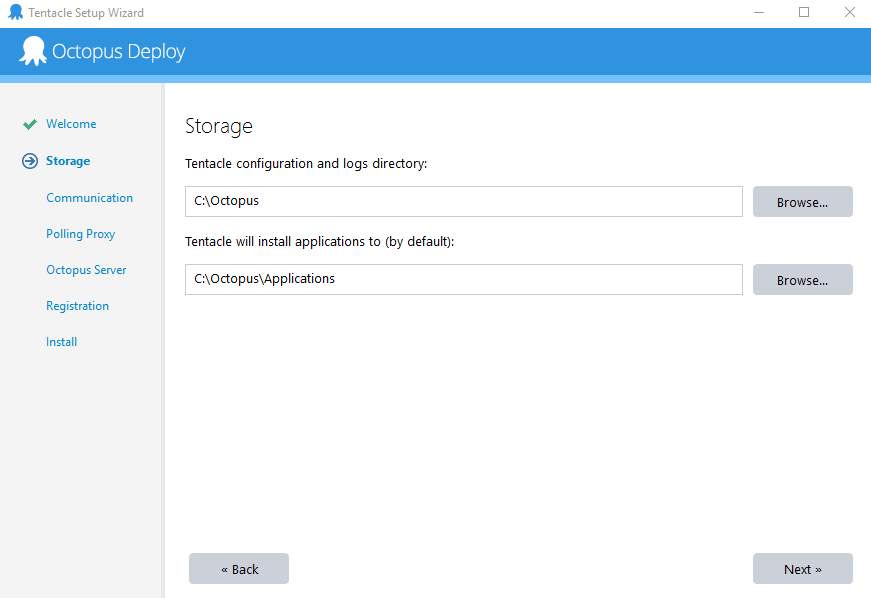 Octopus Deploy Setup Wizard Storage Screen
